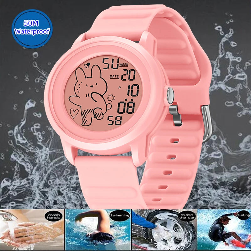 Skmei Unisex Digital Watches for Young Student Carton Rabbit Pattern Fashion LED Waterproof Boy Girl Wristwatch with Alarm Clock