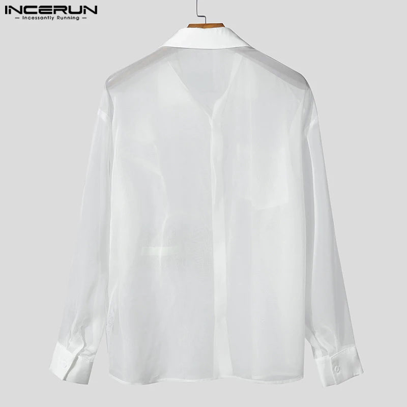 INCERUN Men Shirt Mesh Patchwork Transparent Lapel Long Sleeve Men Clothing Oversize Sexy 2025 Streetwear Unisex Shirts S-5XL