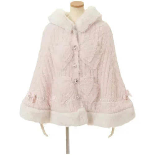 Japanese Sweet Soft Thick Women's Double-Layer Big Ribbon Hooded Knitted Cloak 3 Colors Autumn and Winter Ponchos Warm Jacket