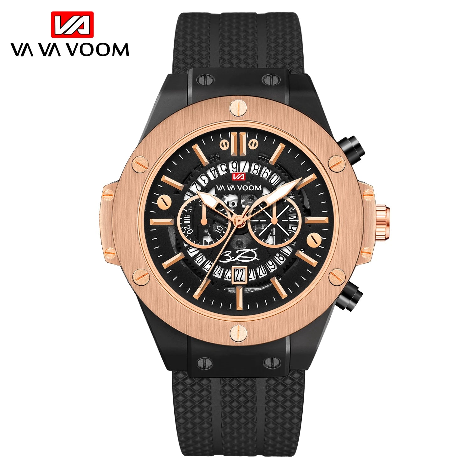 Men’s 46mm Black Silicone Sports Watch – Rose Gold Military Quartz