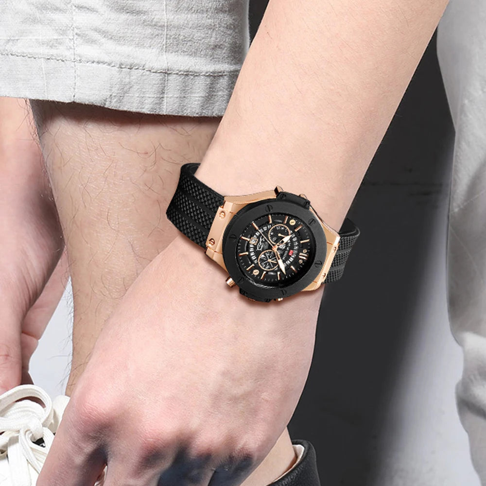 Men’s 46mm Black Silicone Sports Watch – Rose Gold Military Quartz