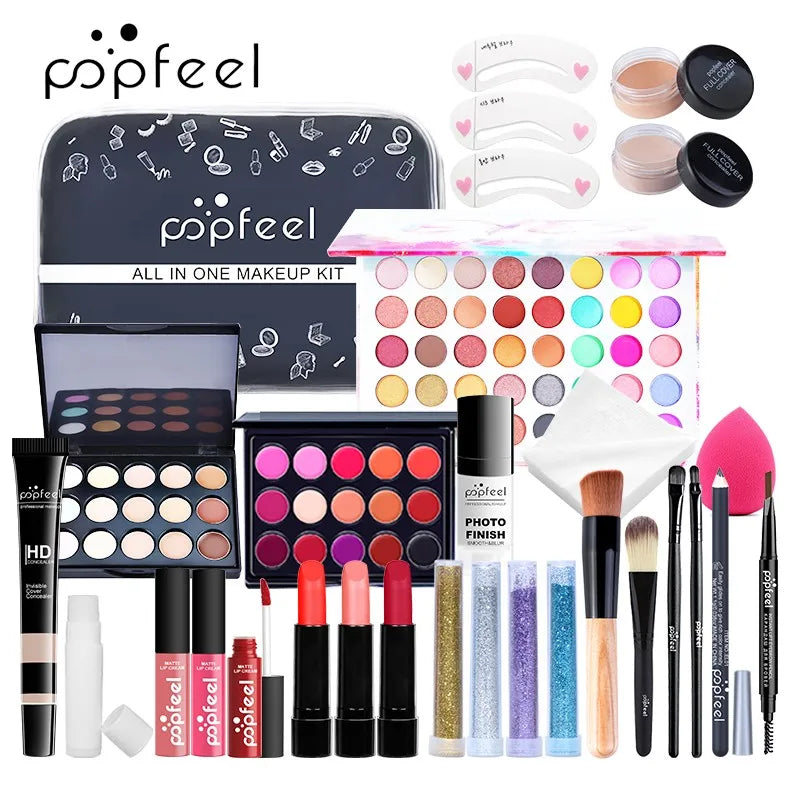 All-in-one full makeup kit with eyeshadow, eyeliner & eyebrow tools
