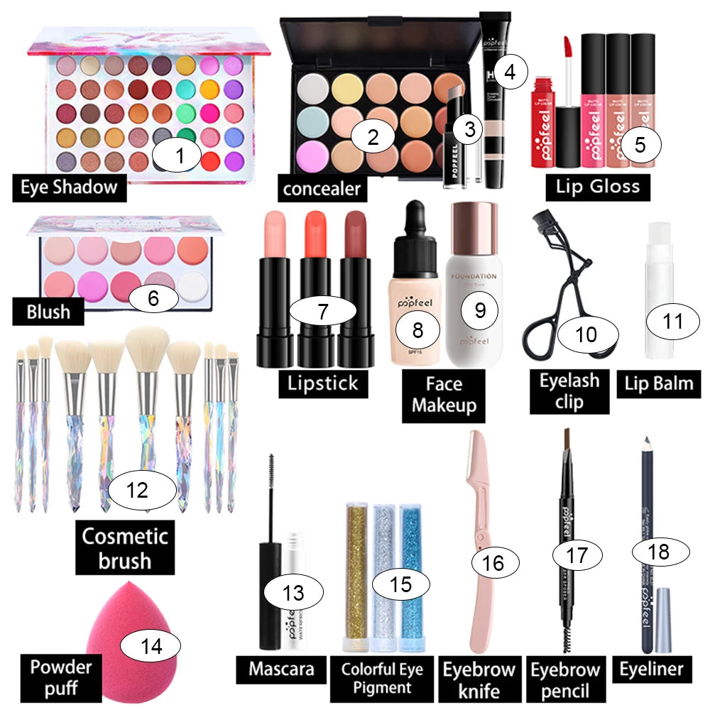 All-in-one full makeup kit with eyeshadow, eyeliner & eyebrow tools