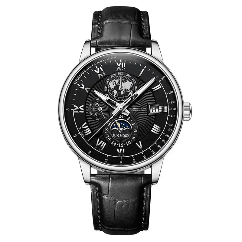 2025 Mens Watch Chronograph Moon Phase Pattern Luminous Top Luxury Sport Male Wristwatch Leather Men Quartz Watches Casual Clock
