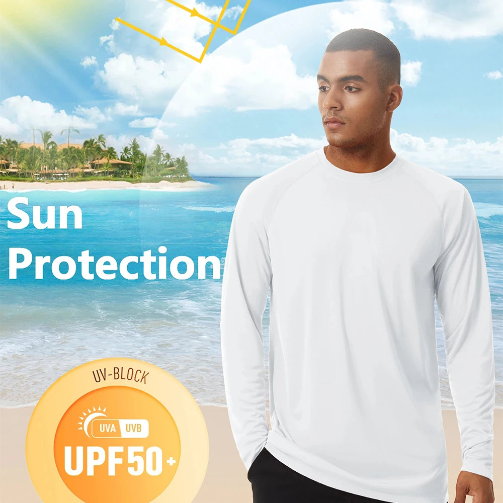 UPF50+ Men's Sunscreen UV Protection T-shirt Solid Color Long-sleeved Round Neck Outdoor Hiking Fishing Quick-drying Tops