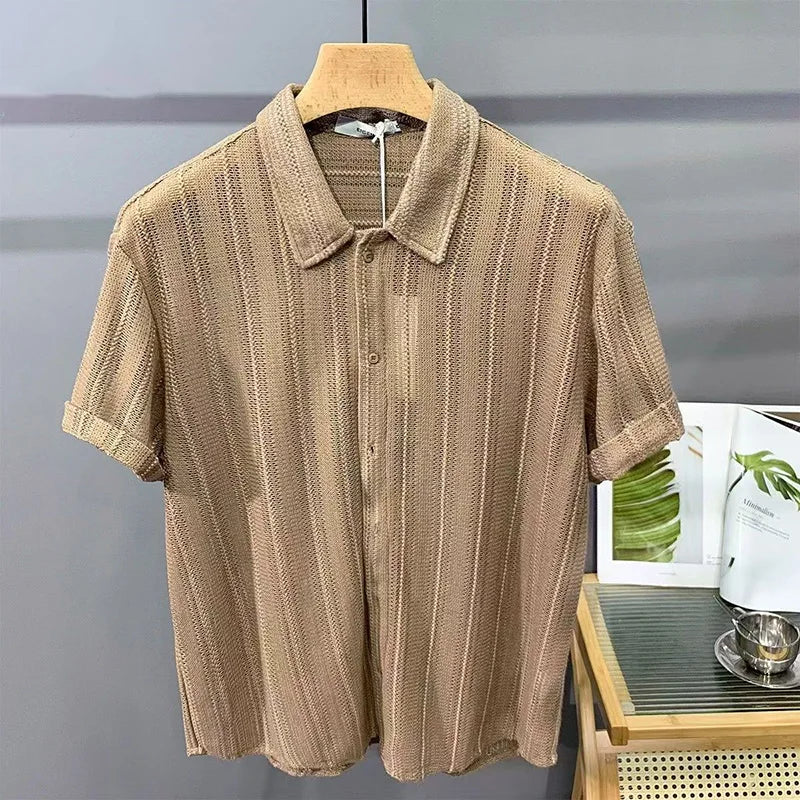 Summer New Knitted Hollow Out Shirts Men Button Lapel Short Sleeve Knit Shirt Mens Knitwear Casual Solid Striped Patchwork Tops
