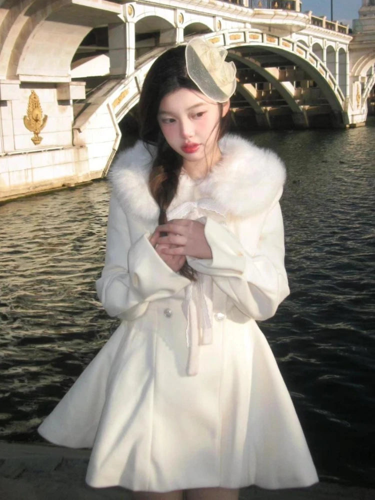 Autumn Winter Elegant Party Women Outfits French Sweet Wool Patchwork Blends Solid Princess Casual Warm Fur Collar Coat 2025 New