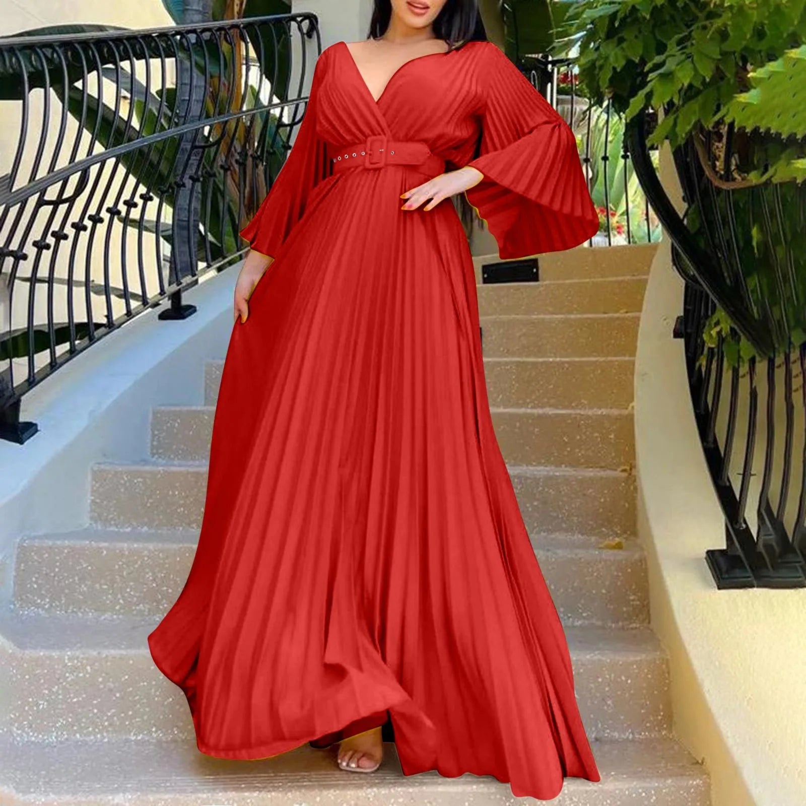 Womens Deep V Neck Plus Size Evening Dress Long Sleeves With Belt Maxi Dresses Temperament Sexy Big Swing Pleated Long Dresses