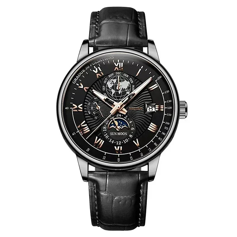 2025 Mens Watch Chronograph Moon Phase Pattern Luminous Top Luxury Sport Male Wristwatch Leather Men Quartz Watches Casual Clock