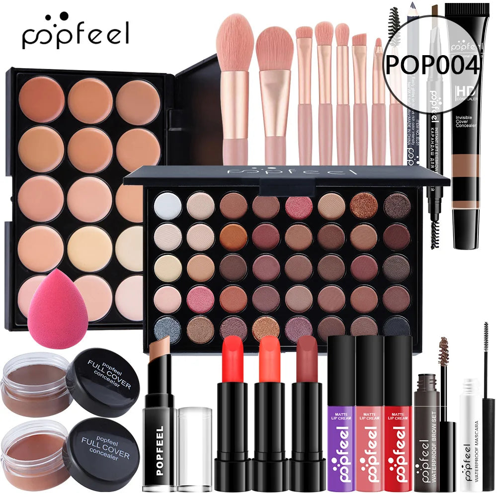 POPFEEL All-in-One Makeup Kit – Eyeshadow, Lip Gloss, Blush & Brushes
