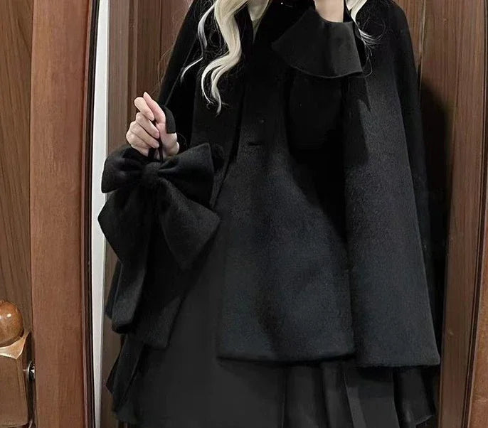 Women's Pink Lolita Woolen Coats Bow Single-breasted Loose Sweet Cute Girls Cloak Ponchos Female Short Overcoat Autumn Winter
