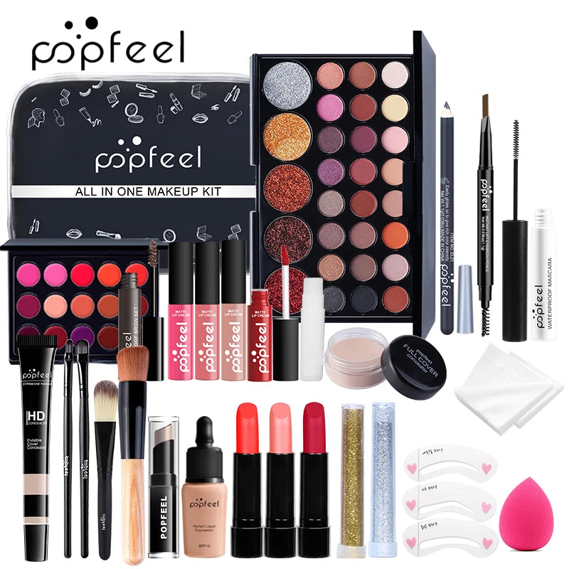 All-in-one full makeup kit with eyeshadow, eyeliner & eyebrow tools