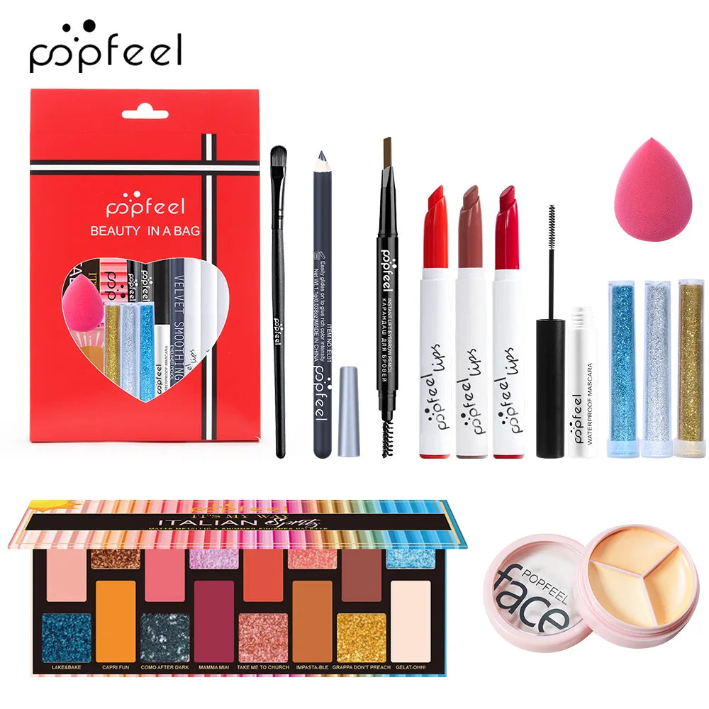 POPFEEL All-in-One Makeup Kit – Eyeshadow, Lip Gloss, Blush & Brushes