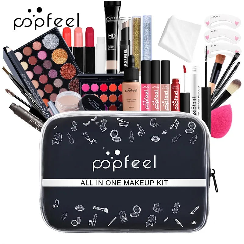 All-in-one full makeup kit with eyeshadow, eyeliner & eyebrow tools