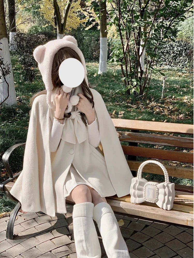 Women's Pink Lolita Woolen Coats Bow Single-breasted Loose Sweet Cute Girls Cloak Ponchos Female Short Overcoat Autumn Winter