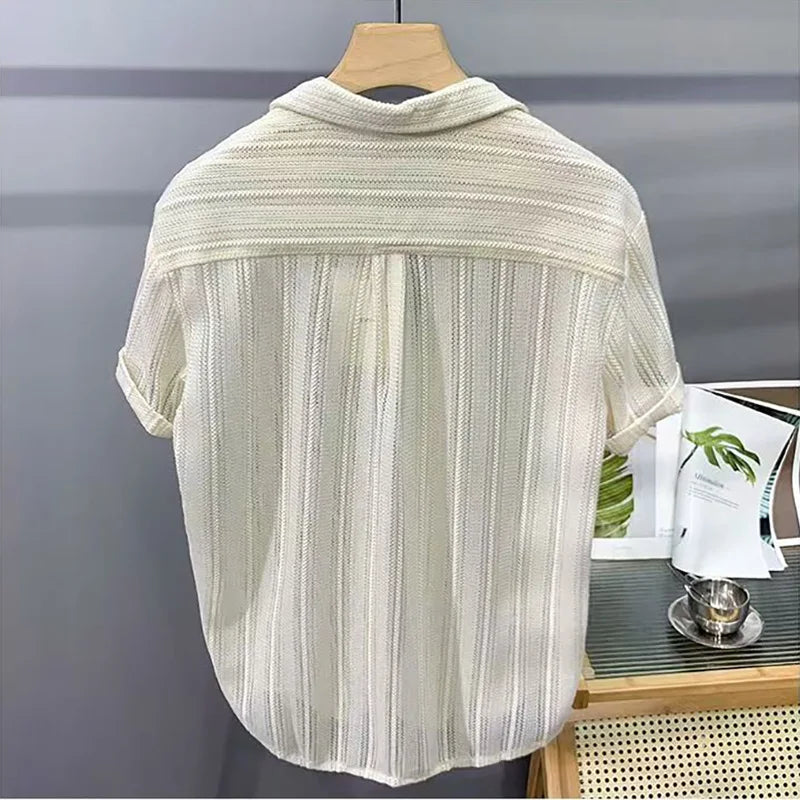 Summer New Knitted Hollow Out Shirts Men Button Lapel Short Sleeve Knit Shirt Mens Knitwear Casual Solid Striped Patchwork Tops