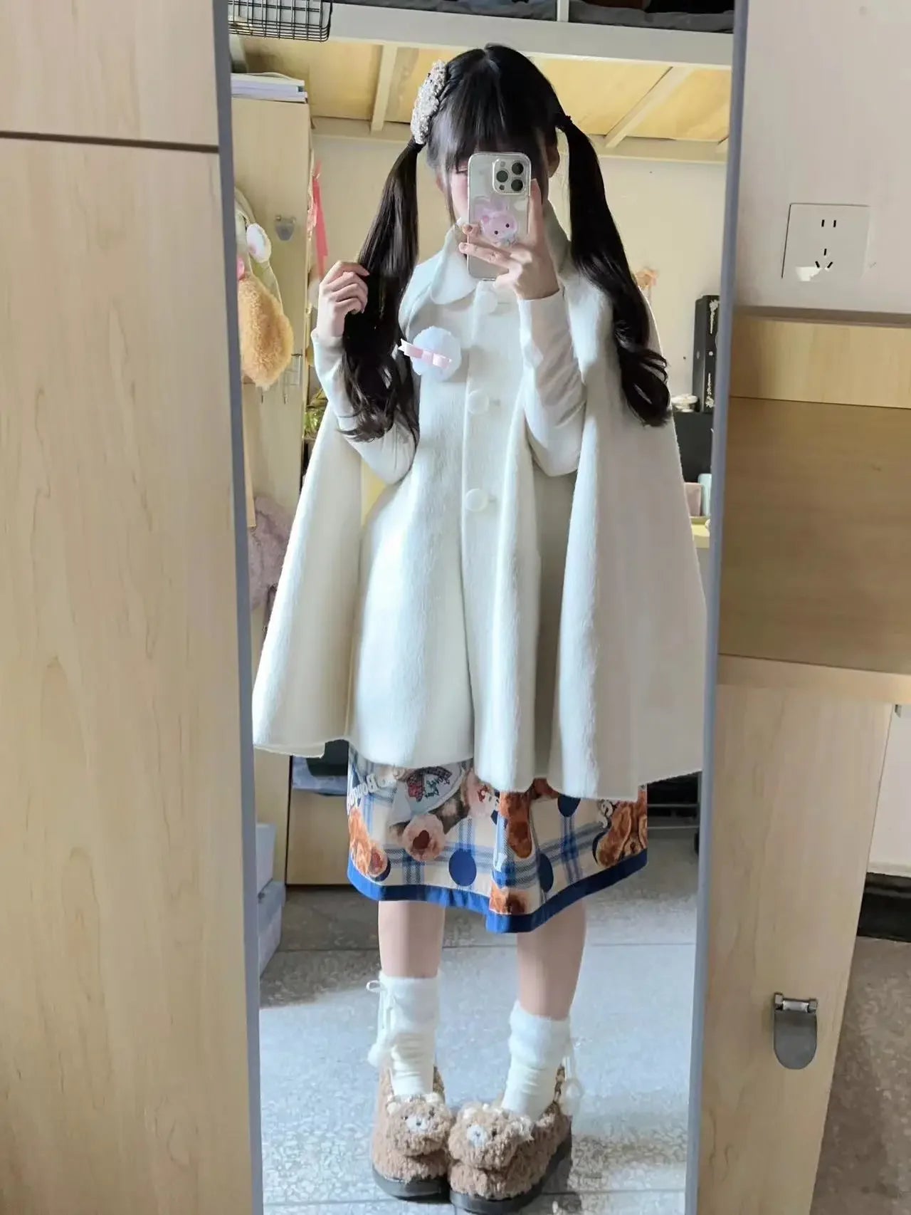 Women's Pink Lolita Woolen Coats Bow Single-breasted Loose Sweet Cute Girls Cloak Ponchos Female Short Overcoat Autumn Winter