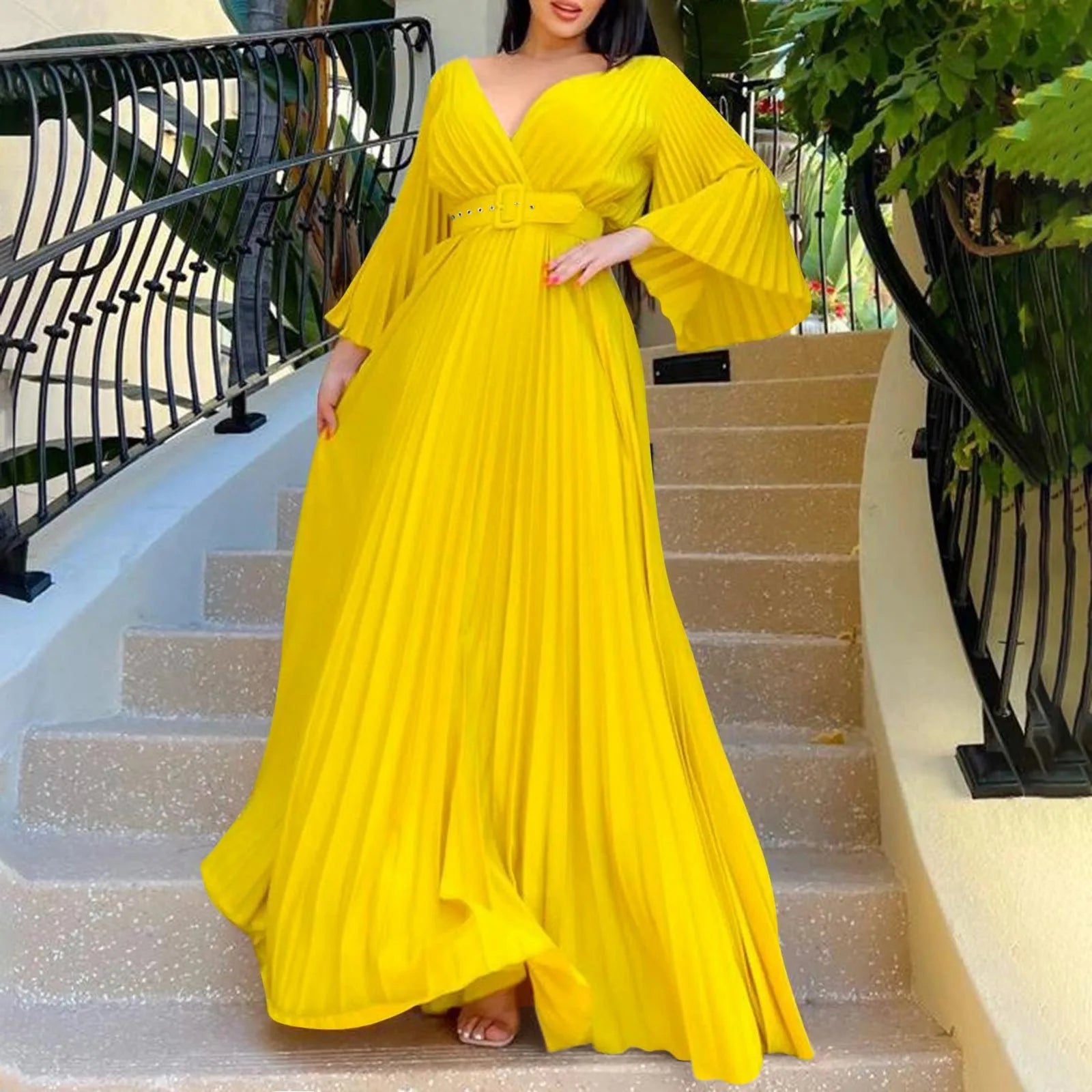 Womens Deep V Neck Plus Size Evening Dress Long Sleeves With Belt Maxi Dresses Temperament Sexy Big Swing Pleated Long Dresses