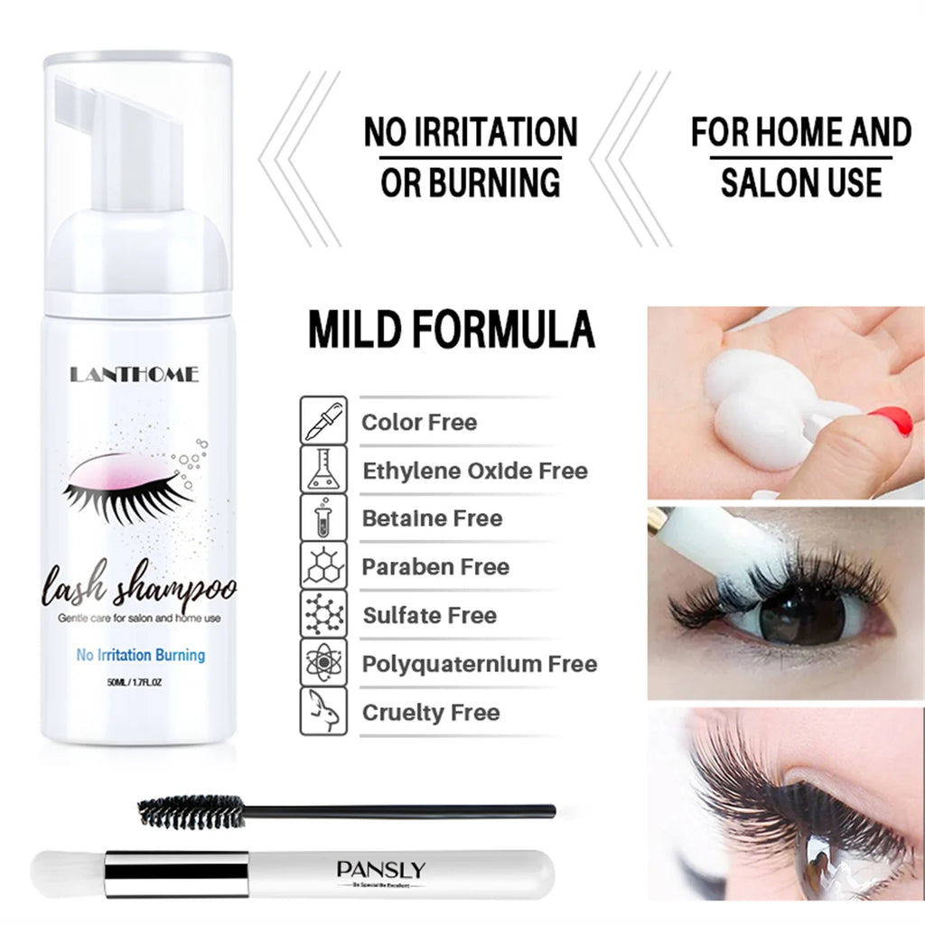 Gentle lash shampoo foam kit with brush – cleanses extensions & removes makeup