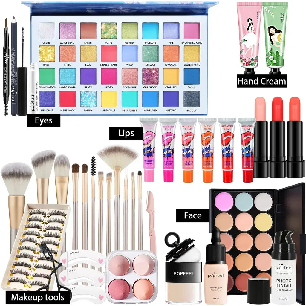 POPFEEL All-in-One Makeup Kit – Eyeshadow, Lip Gloss, Blush & Brushes
