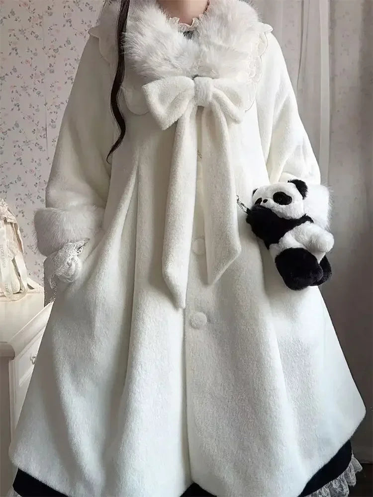 Winter Sweet Kawaii Plush Long Coat Women Japanese Bow Lolita College Style Elegant Warm Overcoat Female Y2k Design Outfits New