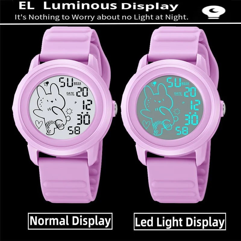 Skmei Unisex Digital Watches for Young Student Carton Rabbit Pattern Fashion LED Waterproof Boy Girl Wristwatch with Alarm Clock