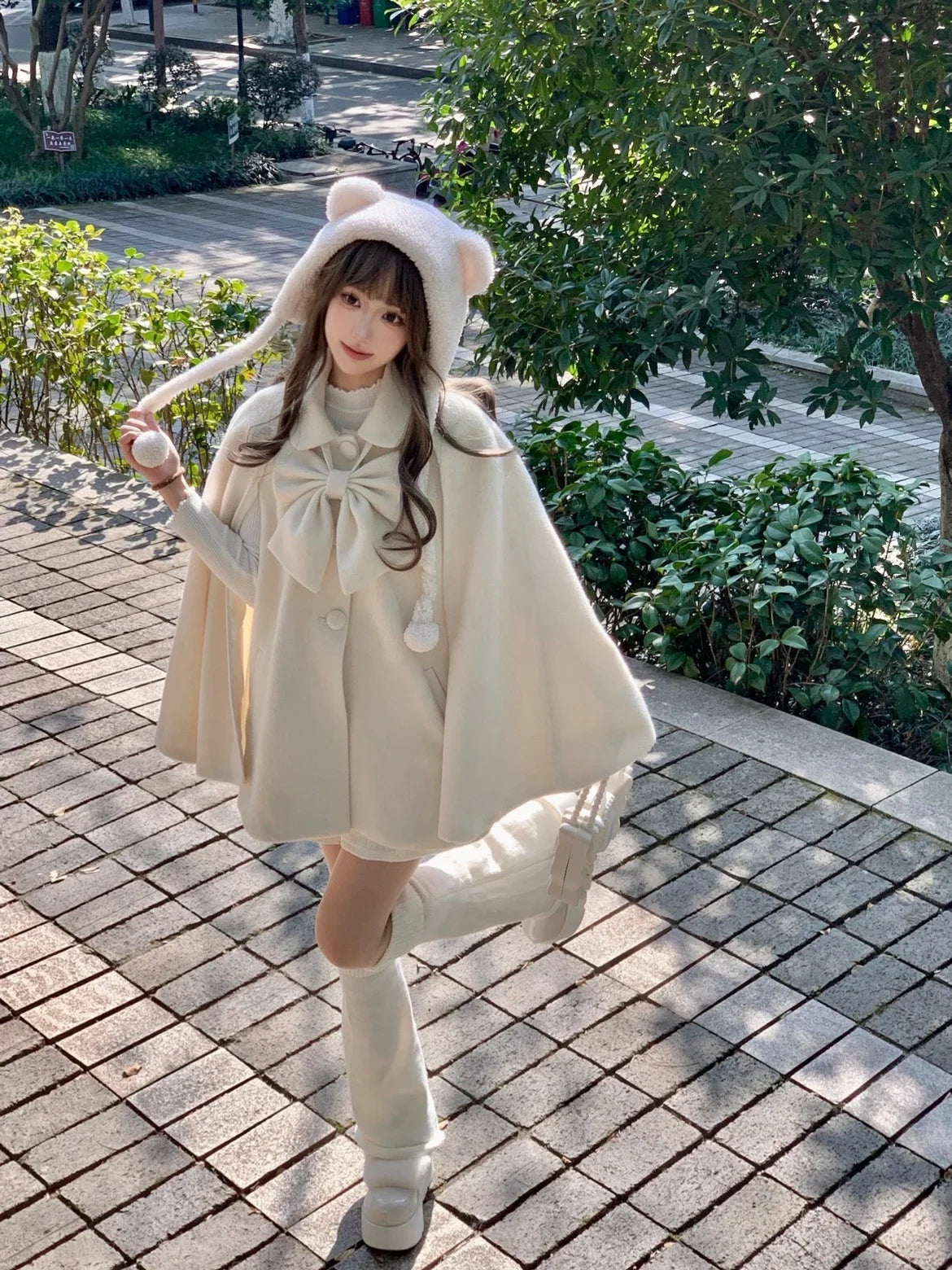 Women's Pink Lolita Woolen Coats Bow Single-breasted Loose Sweet Cute Girls Cloak Ponchos Female Short Overcoat Autumn Winter