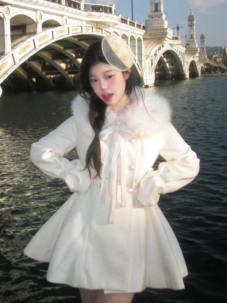 Autumn Winter Elegant Party Women Outfits French Sweet Wool Patchwork Blends Solid Princess Casual Warm Fur Collar Coat 2025 New
