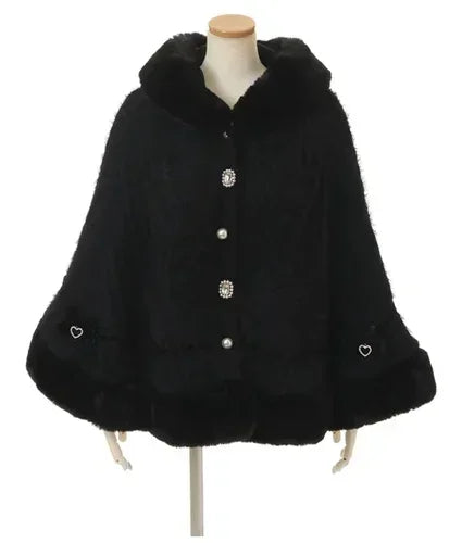Japanese Sweet Soft Thick Women's Double-Layer Big Ribbon Hooded Knitted Cloak 3 Colors Autumn and Winter Ponchos Warm Jacket