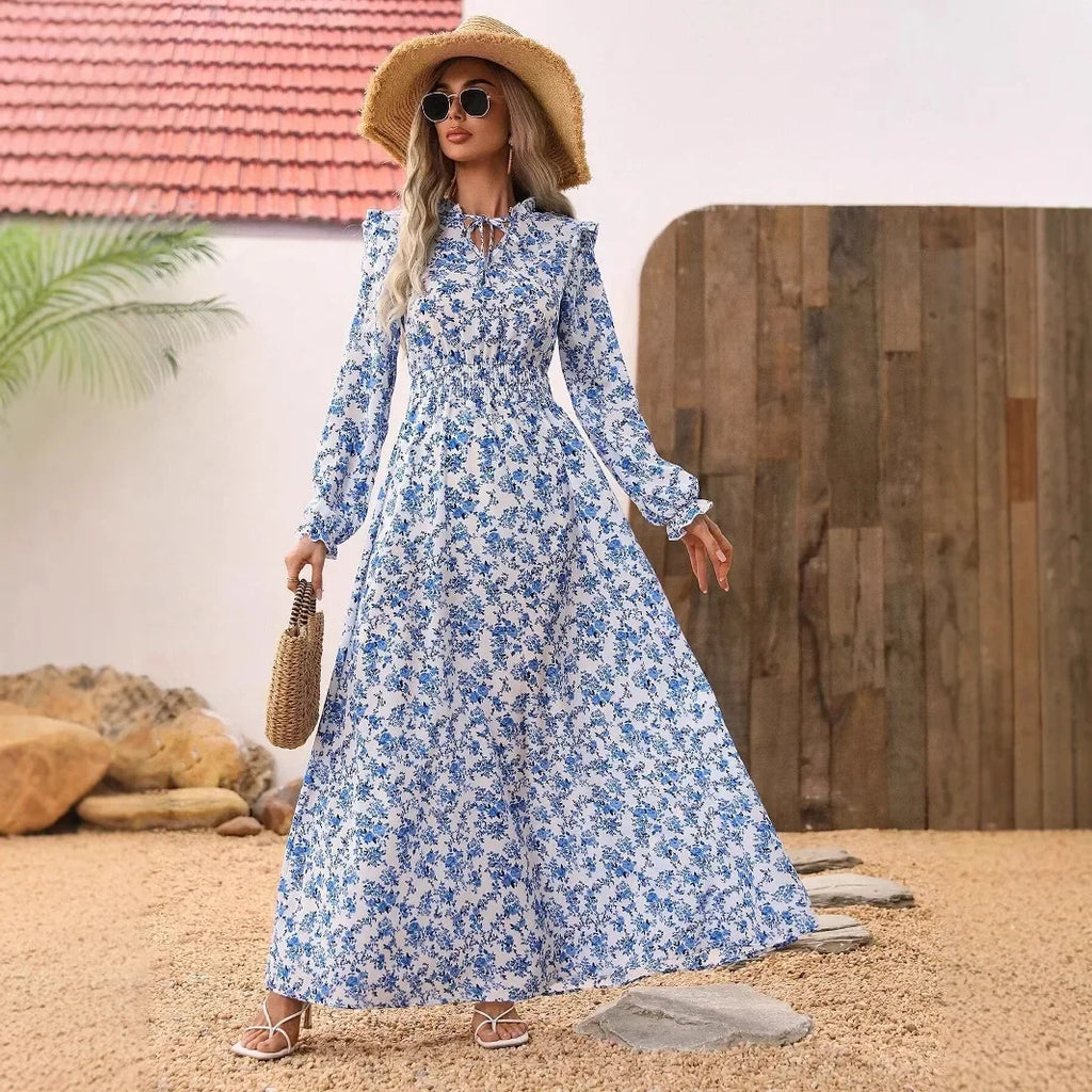 Autumn long-sleeve ruffled collar A-line dress – stylish & elegant.