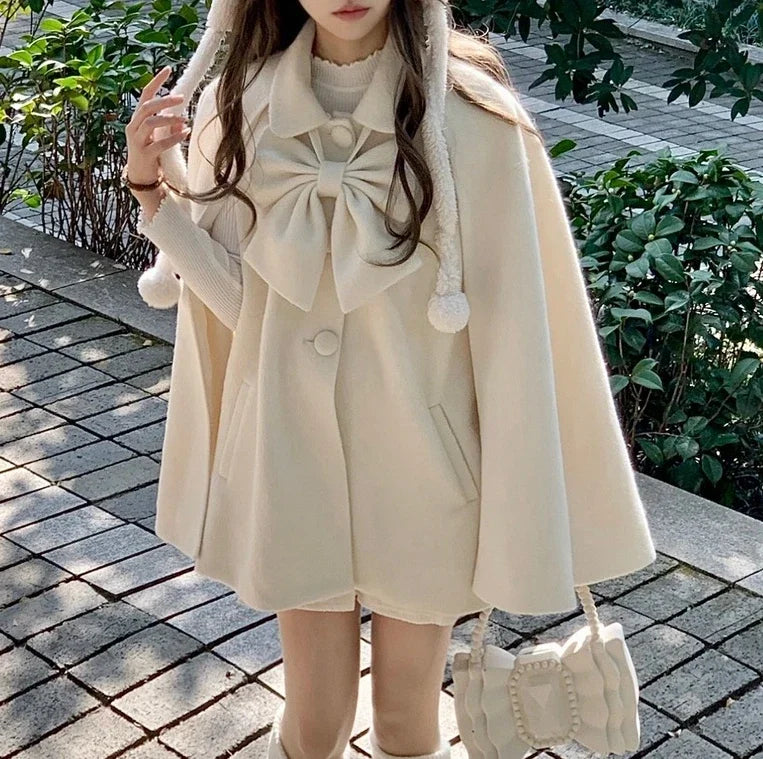 Women's Pink Lolita Woolen Coats Bow Single-breasted Loose Sweet Cute Girls Cloak Ponchos Female Short Overcoat Autumn Winter