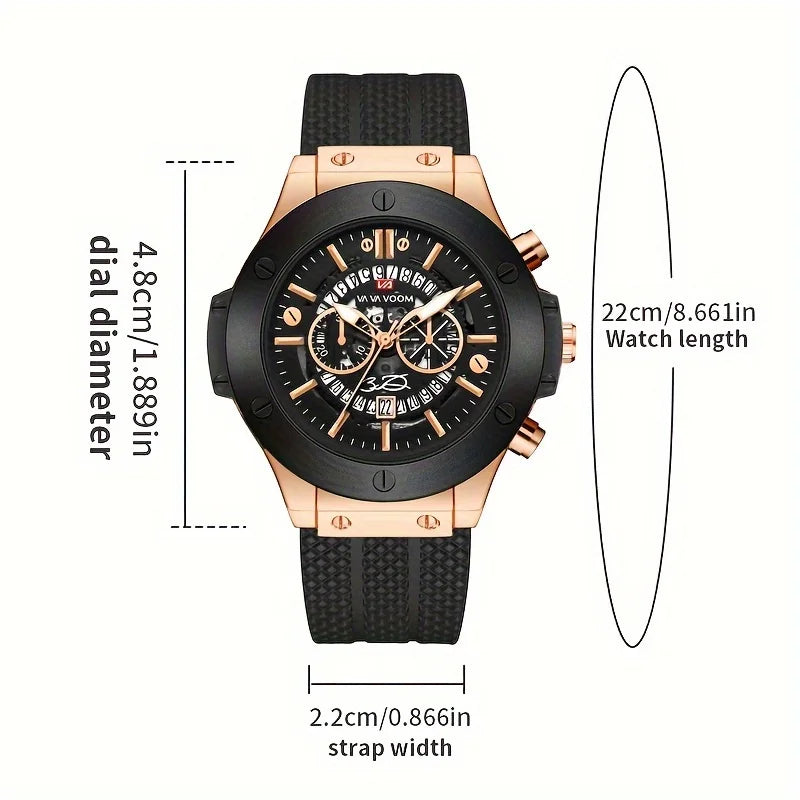 Men’s 46mm Black Silicone Sports Watch – Rose Gold Military Quartz