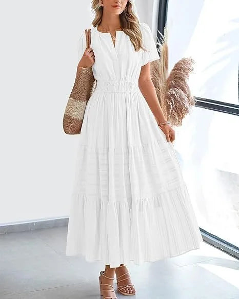 Women’s V-Neck Layered Bubble Sleeve Swing Dress – Spring/Summer 2025