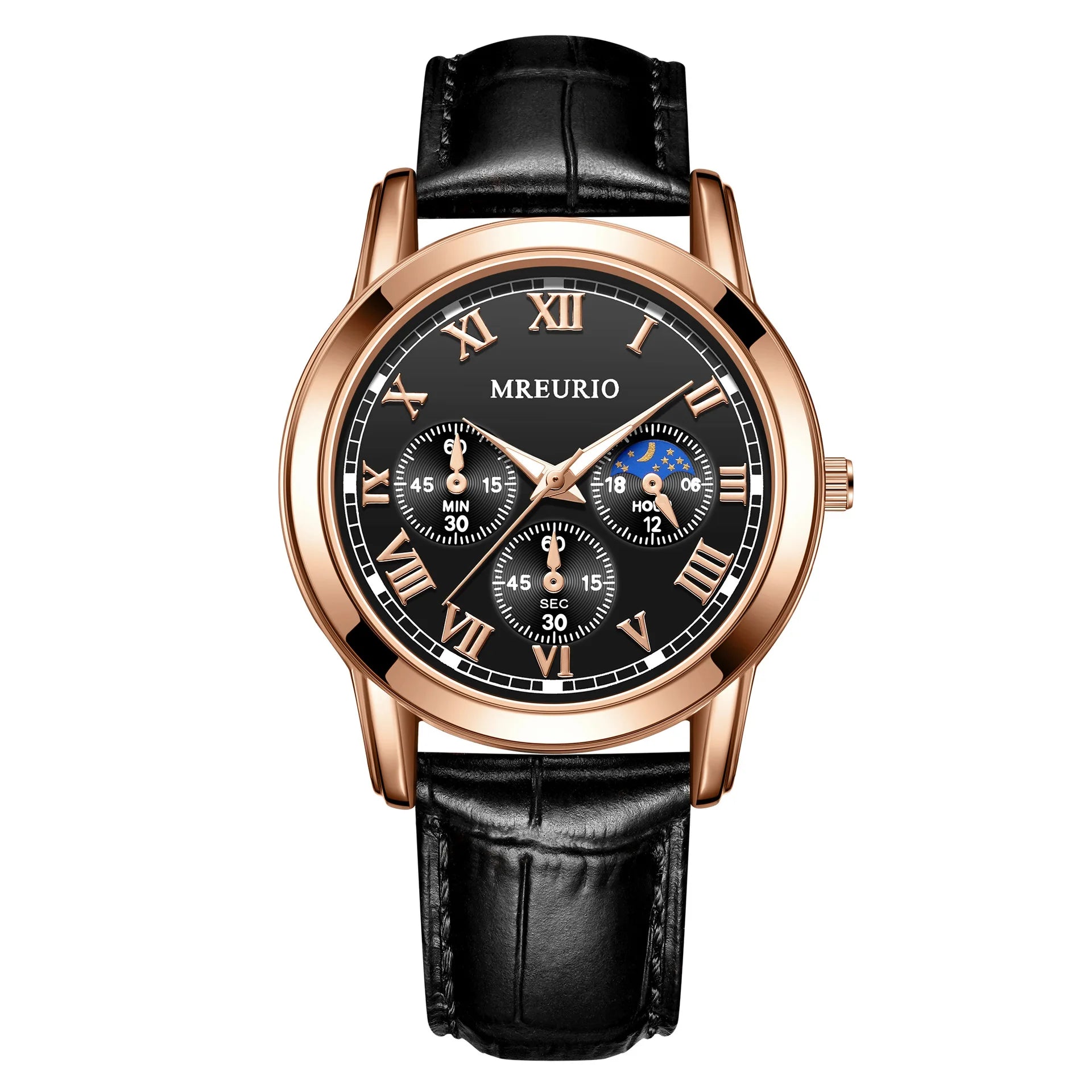2025 Mens Watch Chronograph Moon Phase Pattern Luminous Top Luxury Sport Male Wristwatch Leather Men Quartz Watches Casual Clock