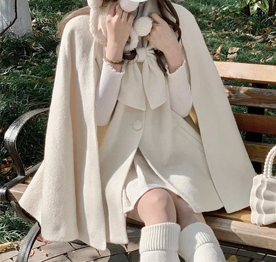 Women's Pink Lolita Woolen Coats Bow Single-breasted Loose Sweet Cute Girls Cloak Ponchos Female Short Overcoat Autumn Winter