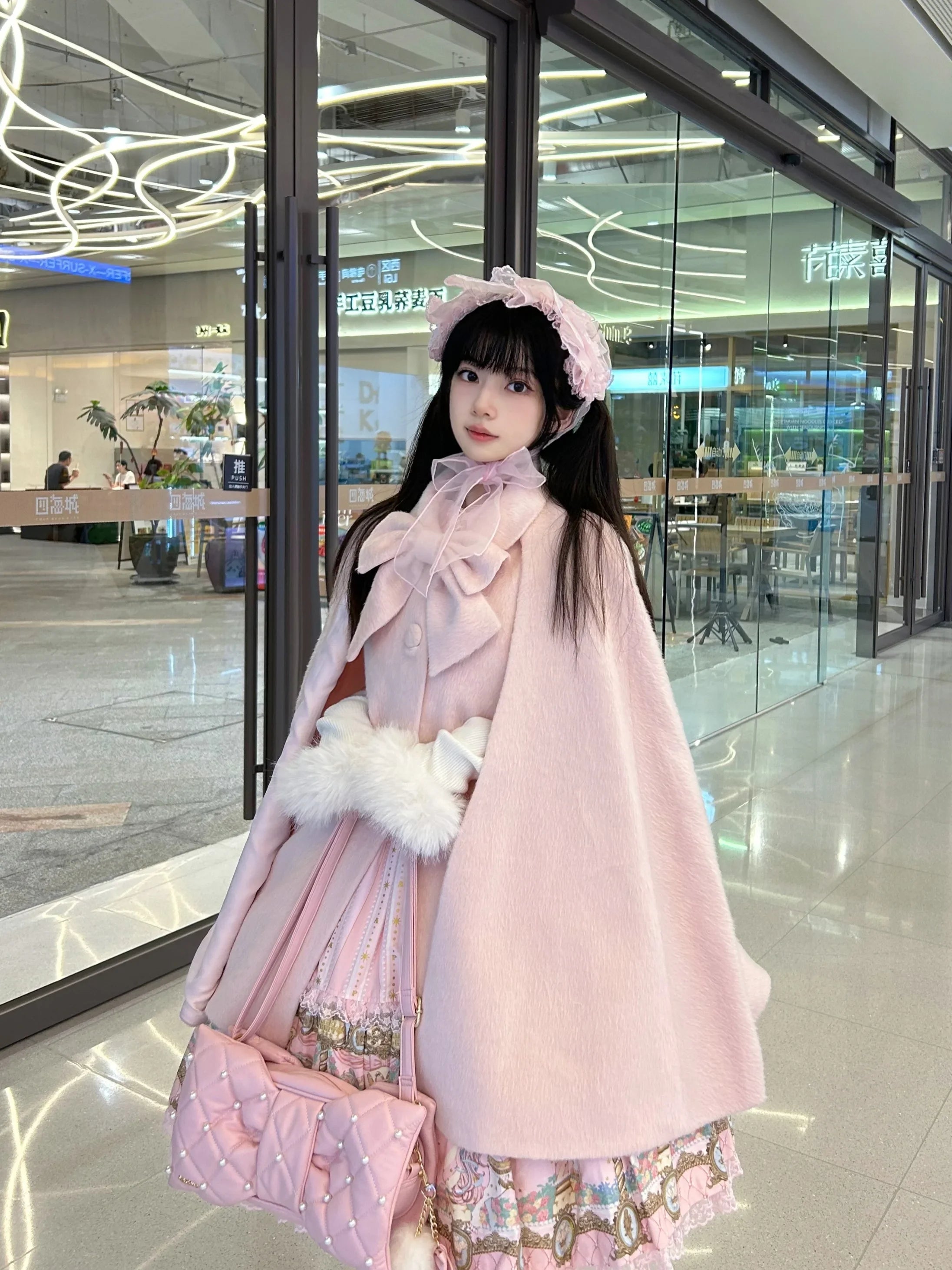 Women's Pink Lolita Woolen Coats Bow Single-breasted Loose Sweet Cute Girls Cloak Ponchos Female Short Overcoat Autumn Winter