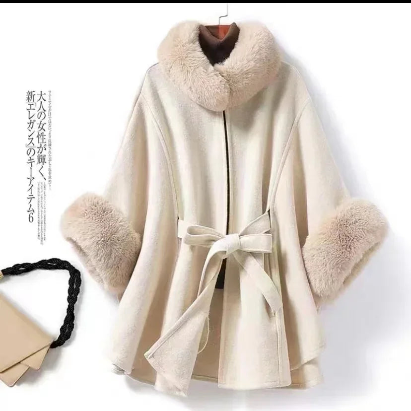 2024 Women's Fur Coat Poncho Wool Warm Fashion Knitted Cloak With Fur Trim Faux Fur Poncho Cape goth Overcoat capas y ponchos