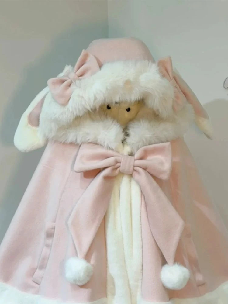Y2k Aesthetic Cloak Jacket Women Japanese Lolita Fur Patchwork Rabbir Ear Hooed Coat Kawaii Sweet Bow Jackets Oversized JK Capes