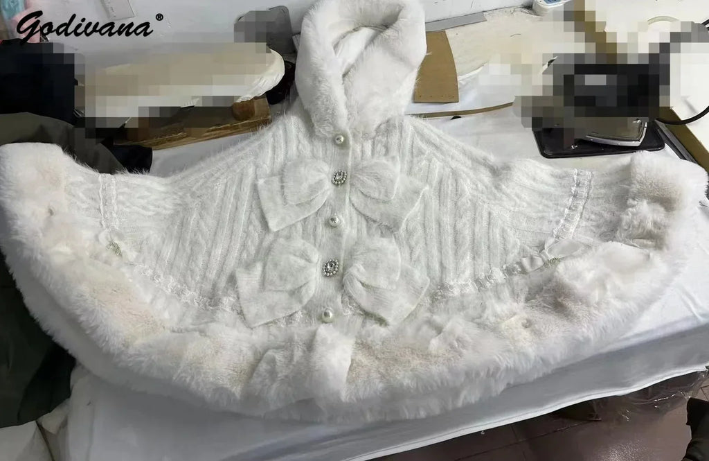 Japanese Sweet Soft Thick Women's Double-Layer Big Ribbon Hooded Knitted Cloak 3 Colors Autumn and Winter Ponchos Warm Jacket