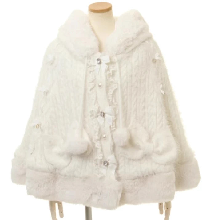 Japanese Sweet Soft Thick Women's Double-Layer Big Ribbon Hooded Knitted Cloak 3 Colors Autumn and Winter Ponchos Warm Jacket