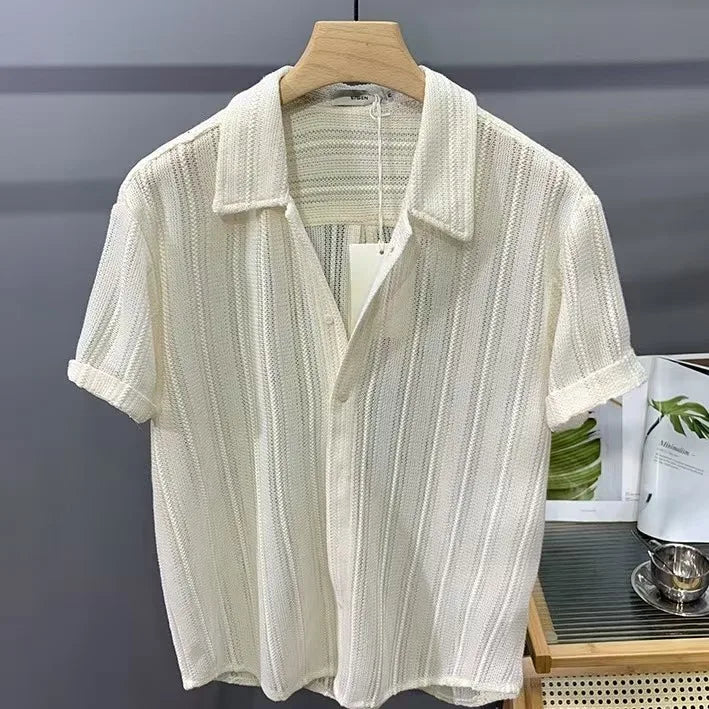 Summer New Knitted Hollow Out Shirts Men Button Lapel Short Sleeve Knit Shirt Mens Knitwear Casual Solid Striped Patchwork Tops