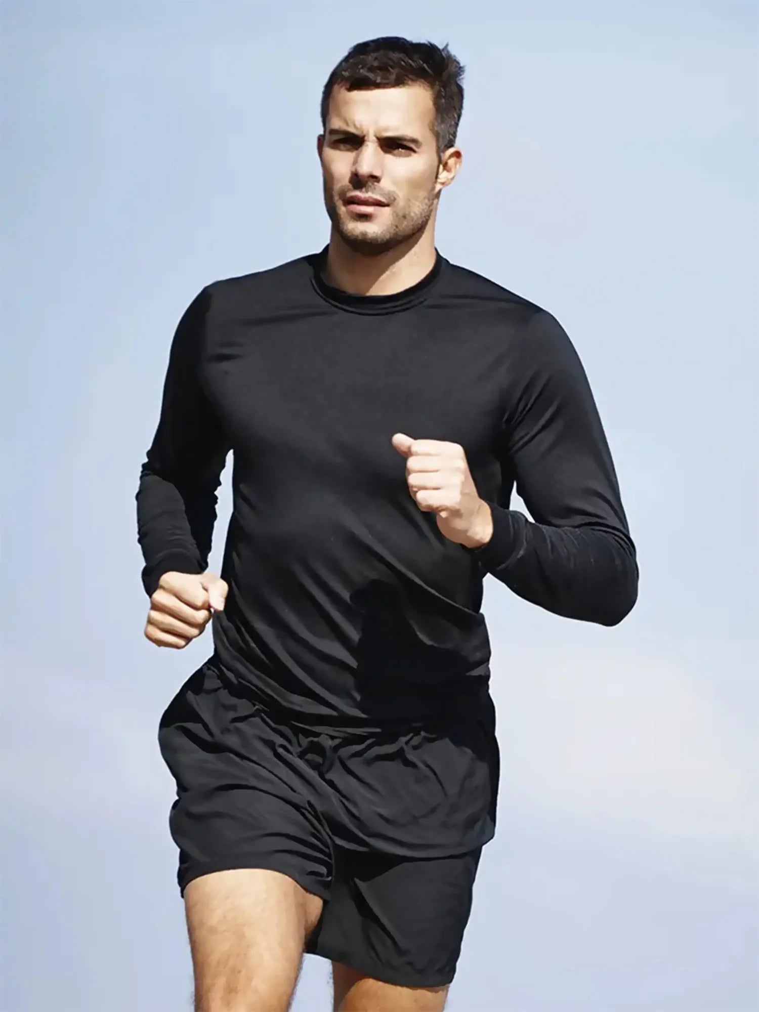 Sports Long-Sleeved Black 3-Piece Men's Round Neck Shirt Quick-Drying Top Fitness Sportswear Casual Outdoor Sportswear Body-Shap