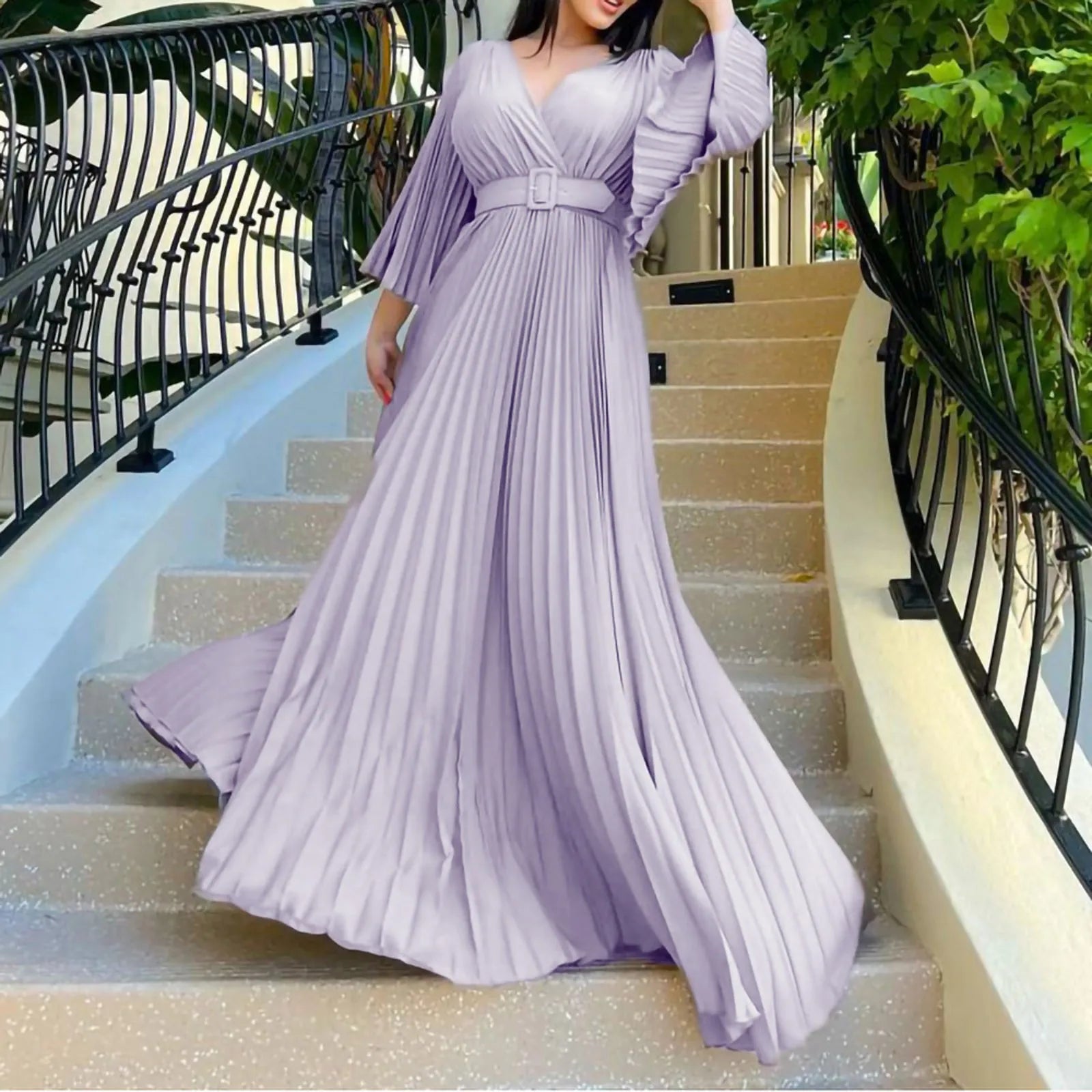 Womens Deep V Neck Plus Size Evening Dress Long Sleeves With Belt Maxi Dresses Temperament Sexy Big Swing Pleated Long Dresses