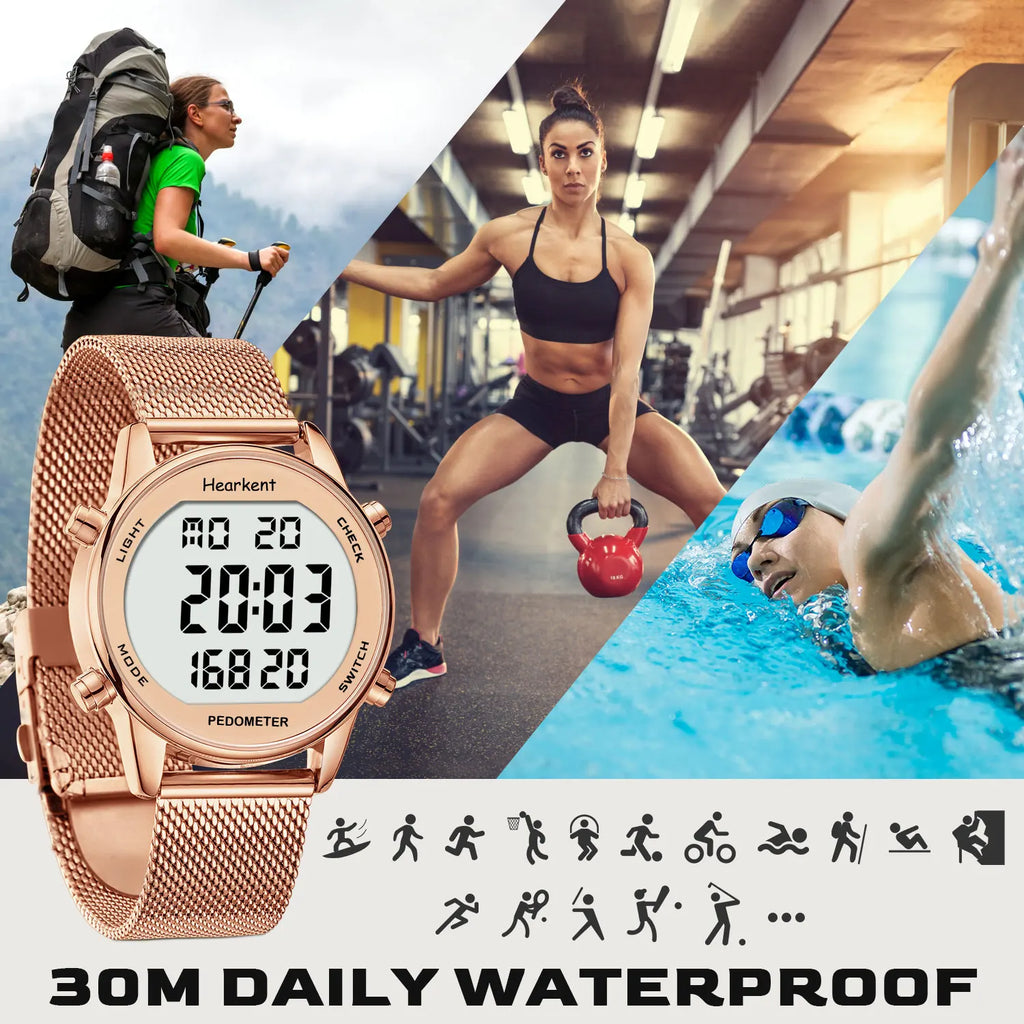 Hearkent Pedometer Watches Sport Step Counter Women's Digital Watches Calories Mile Tracker Waterproof 30M for Walking Running
