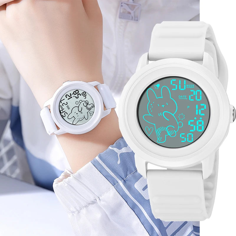 Skmei Unisex Digital Watches for Young Student Carton Rabbit Pattern Fashion LED Waterproof Boy Girl Wristwatch with Alarm Clock