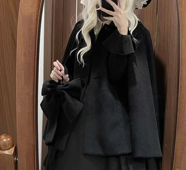 Women's Pink Lolita Woolen Coats Bow Single-breasted Loose Sweet Cute Girls Cloak Ponchos Female Short Overcoat Autumn Winter