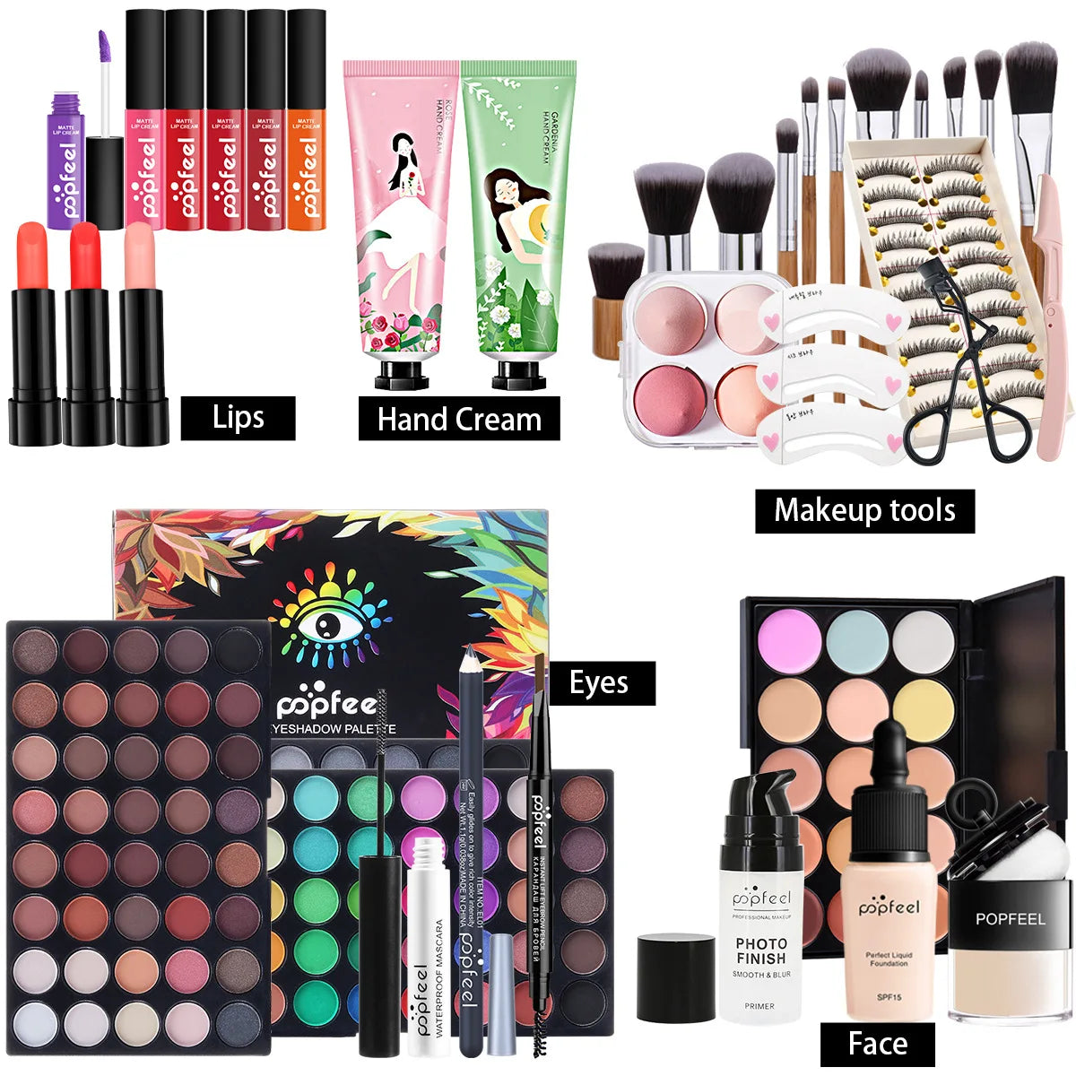 POPFEEL All-in-One Makeup Kit – Eyeshadow, Lip Gloss, Blush & Brushes