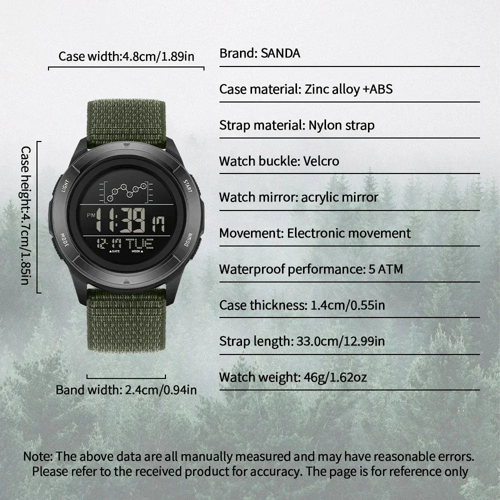 SANDA Military Sport Man Watch Nylon Strap LED Digital Display Multifunction Alarm Clock Countdown Waterproof Men's Wristwatch