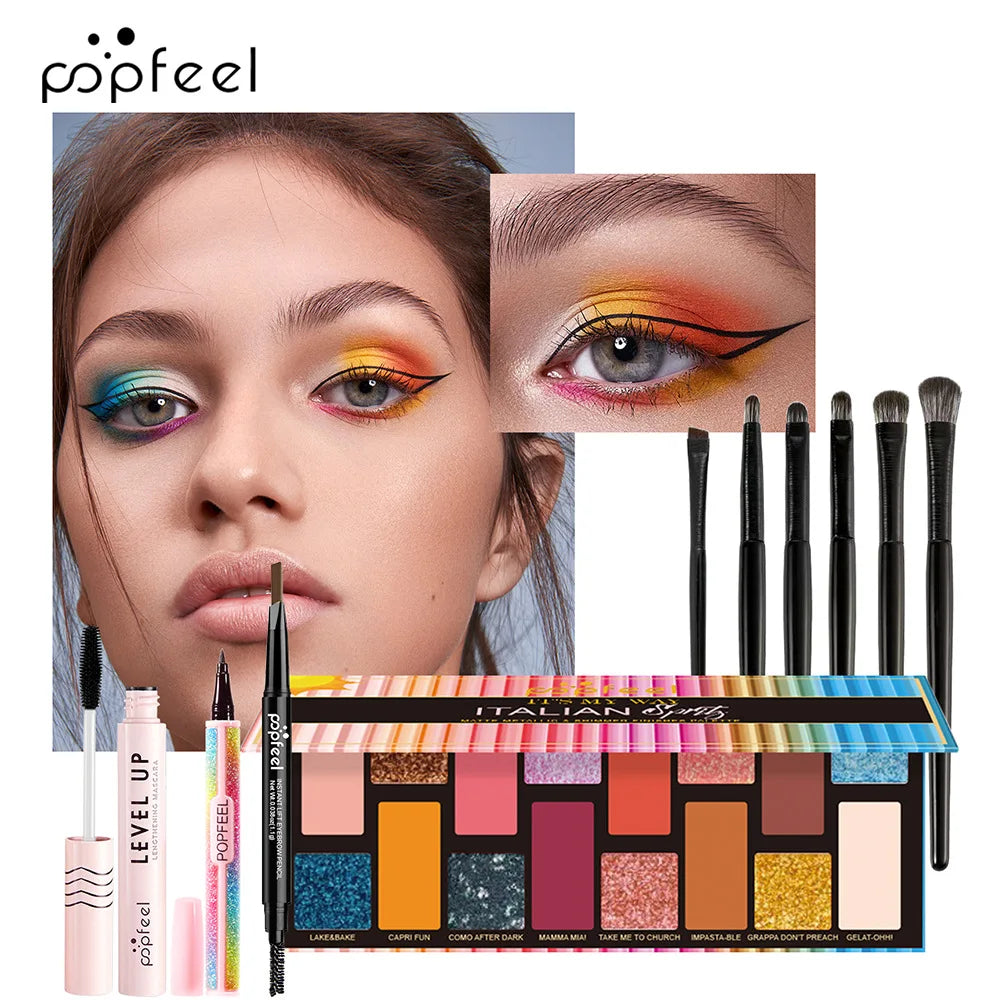 POPFEEL All-in-One Makeup Kit – Eyeshadow, Lip Gloss, Blush & Brushes