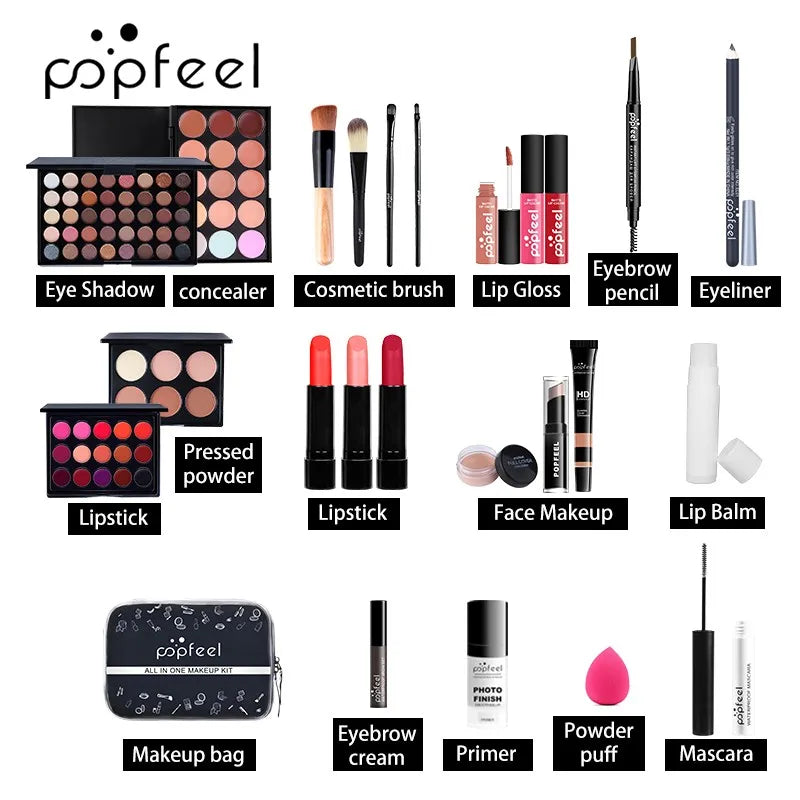 All-in-one full makeup kit with eyeshadow, eyeliner & eyebrow tools